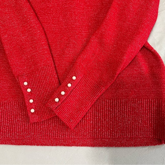 Loft Red Sweater Pearl sleeve Wool Blend Round Neck Long Sleeve size M - Picture 3 of 15